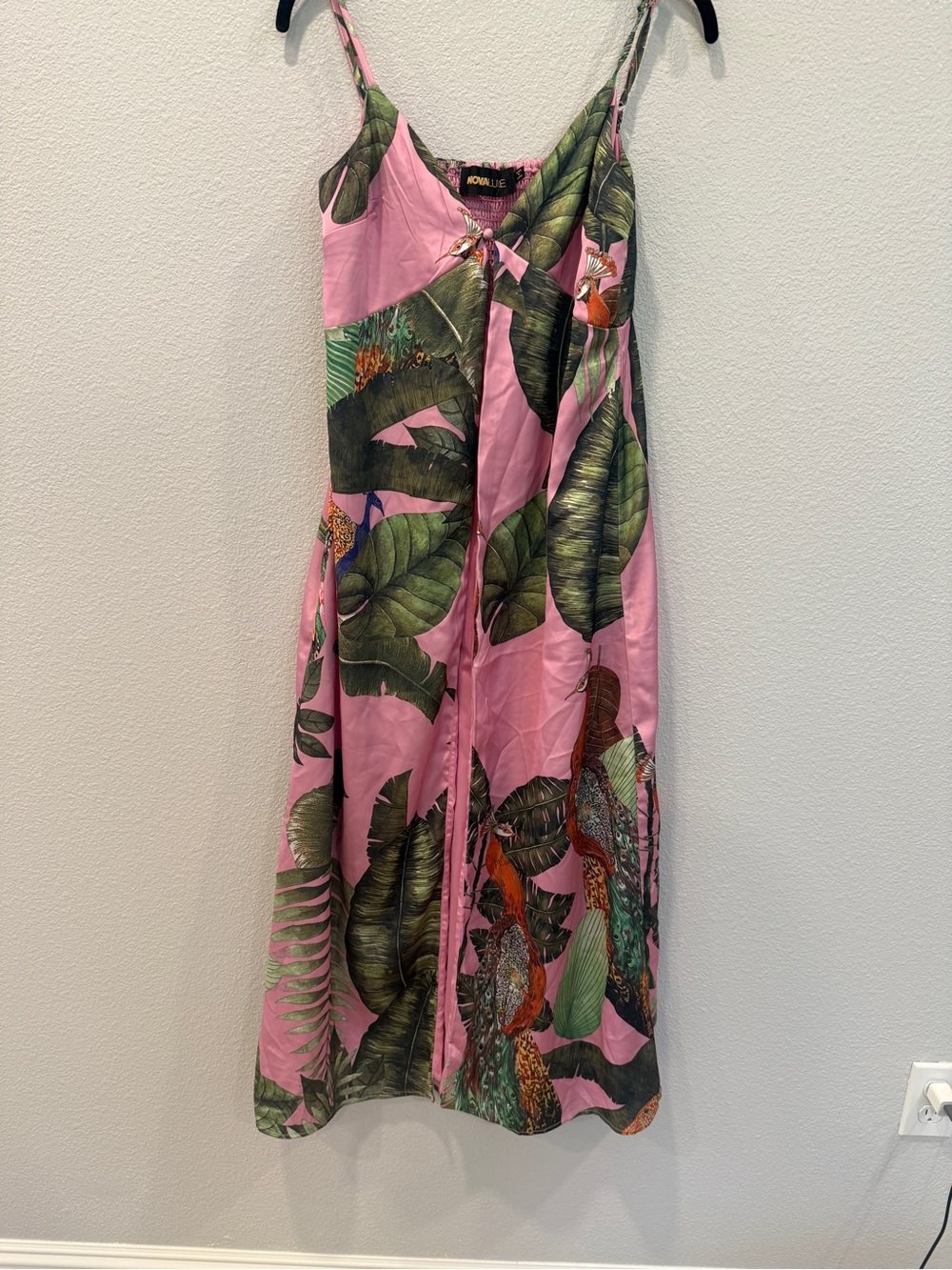 Nova Luxe Pink Tropical Cami Cape With Peacocks XS Bottom Front